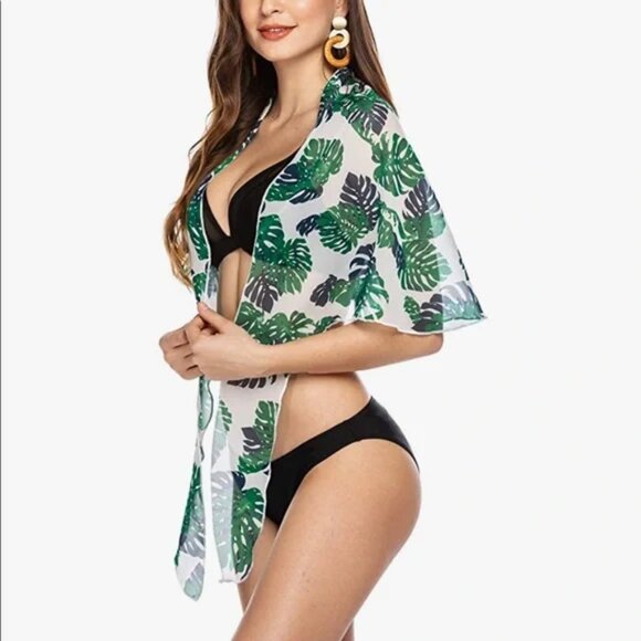 SARONG Cover up Beach Swim Wrap Tropical Green Palm Leaves Mini Tie Womens Large - Picture 3 of 10